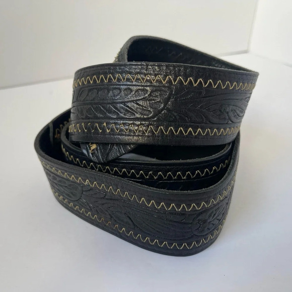 Native American Turquoise Silver Genuine Leather Buckle Tooled Belt black Sz 38 - Picture 6 of 8